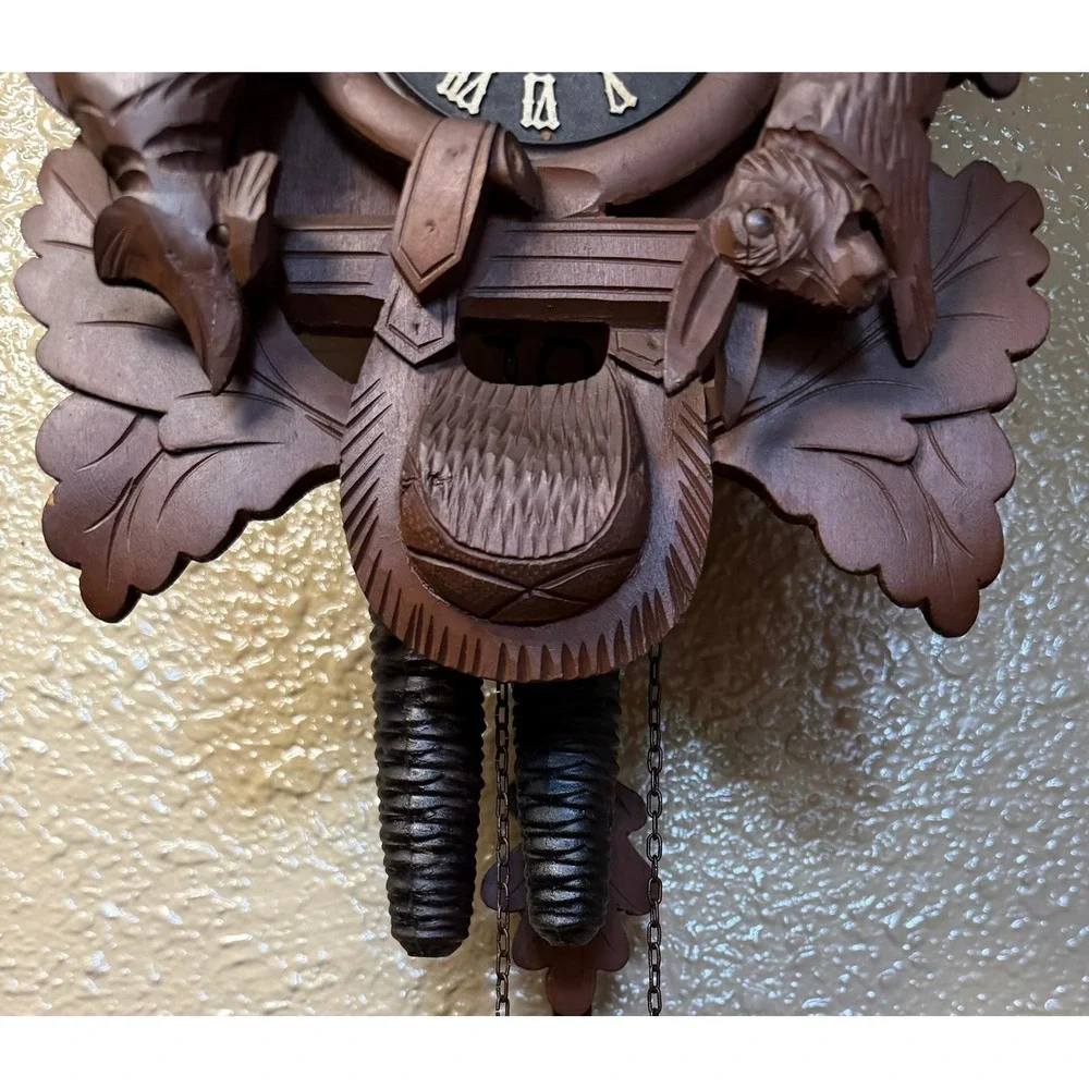 Vintage German Black Forest Cuckoo Clock Hunting Scene Stag Rifles Hand Carved